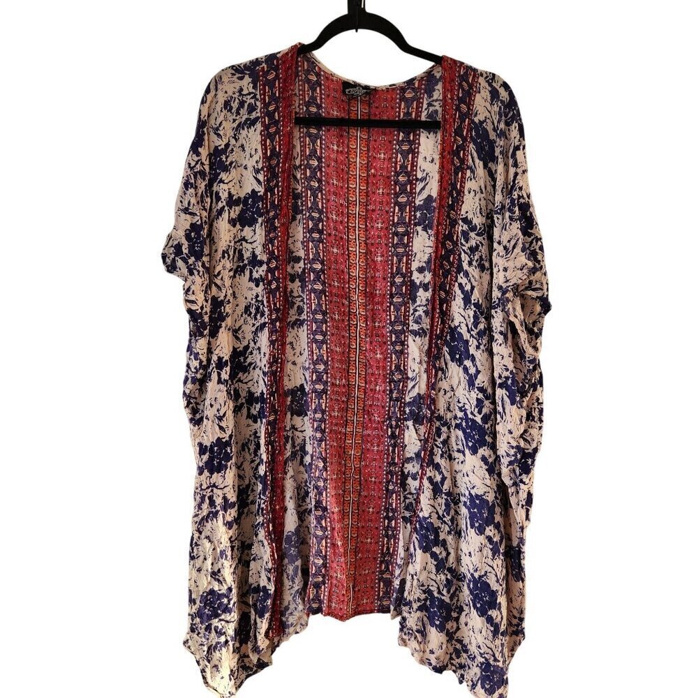Angie Blue Red Floral Open Front Kimono Cardigan Boho Bohemians Women's S